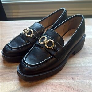 Crown & Ivy Black and Gold Loafers with Metal Embellishment